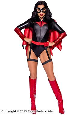 Female bat, teddy costume, long sleeves, belt, front zipper, cape